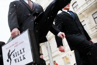 Credit: Photo by Isifa Image Service sro/REX (4373944a) People show off their silly walks International Silly Walk Day In Brno, Czech Republic - 07 Jan 2015 Fans of Monty Python attend take part in International Silly Walk Day in Brno, Czech Republic. January 7th has been declared the International Silly Walk Day as a tribute to John Cleese. Around 80 people took part in the event.